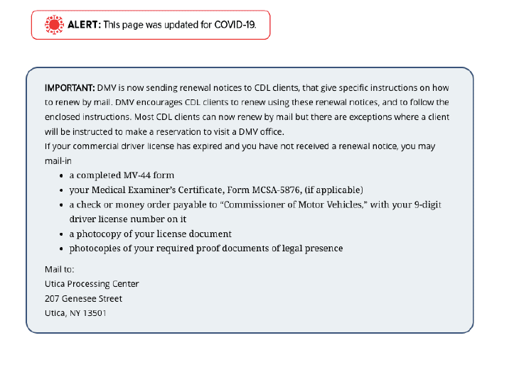 Aviso del DMV de NY sobre renovaciones de CDL por correo