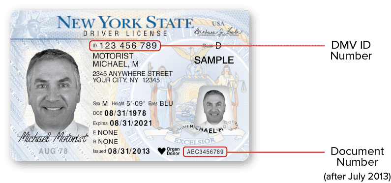 Ejemplo del DMV de NY de Numero de ID y Documento